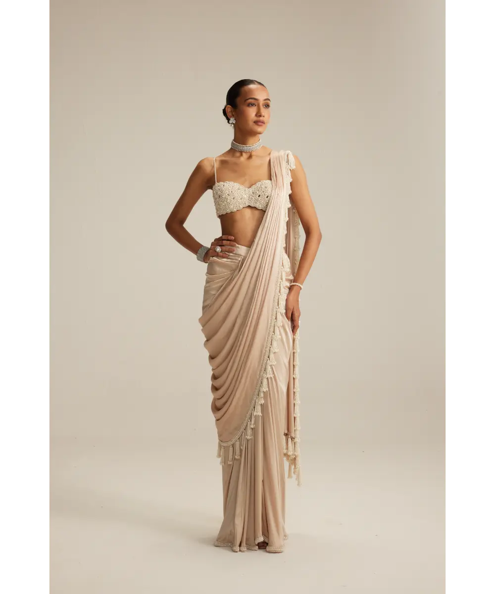 VVANI VATS- Light Beige mirror and pearl Satin Draped Saree set