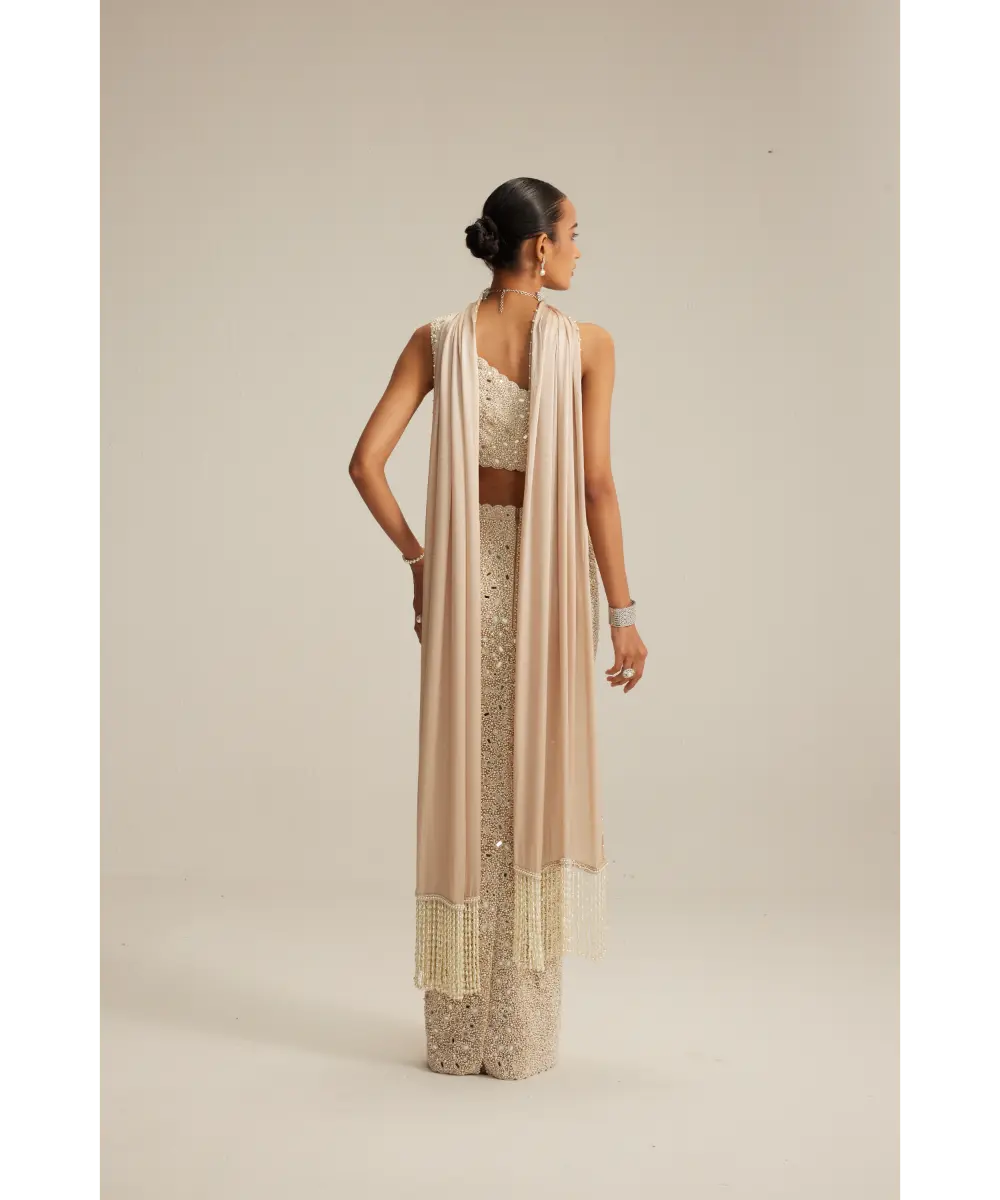 VVANI VATS- Light Beige One Shoulder Pencil Skirt With Stole Set