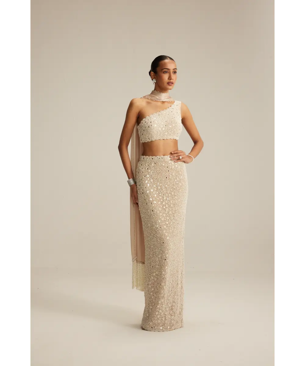 VVANI VATS- Light Beige One Shoulder Pencil Skirt With Stole Set