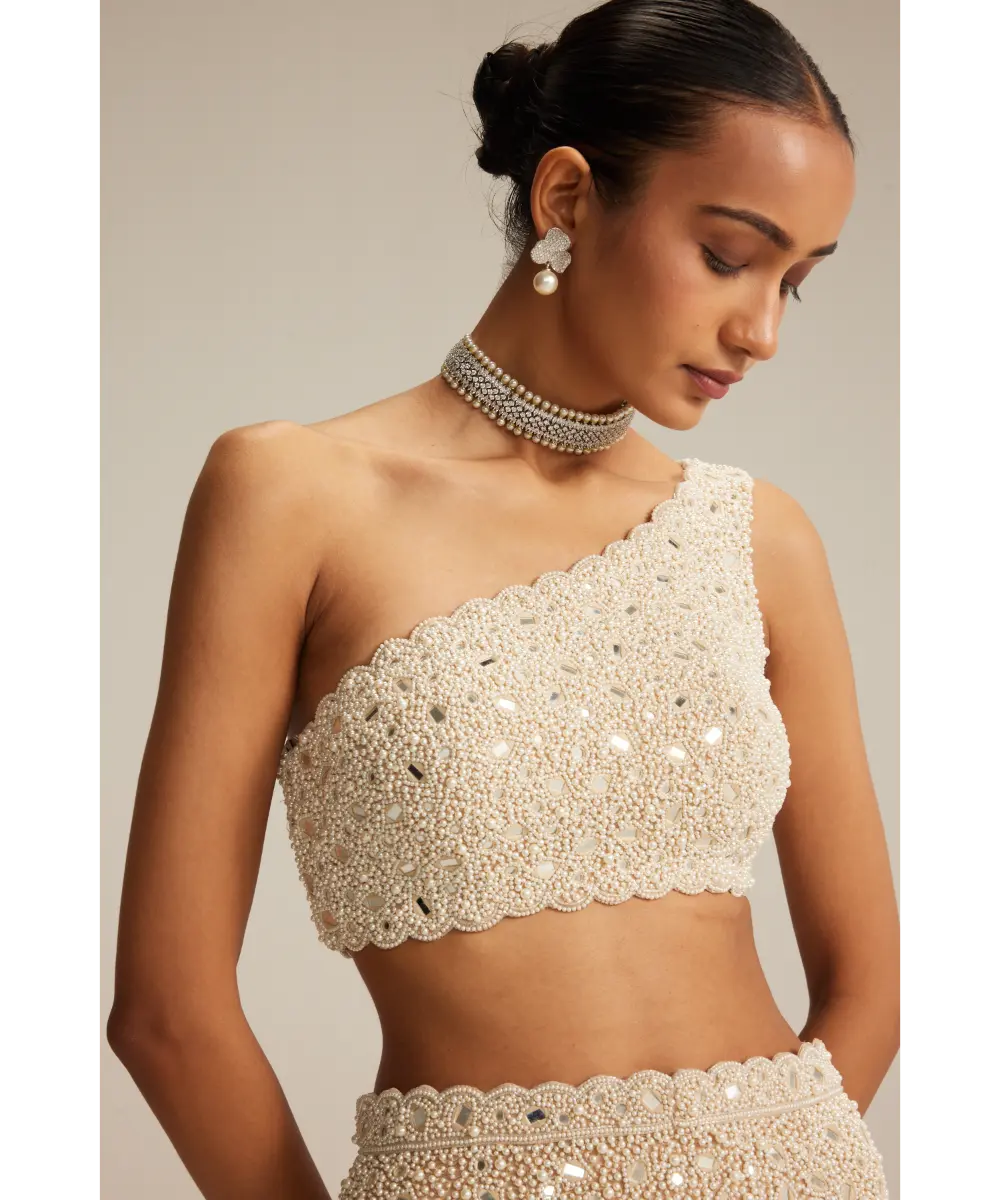 VVANI VATS- Light Beige One Shoulder Pencil Skirt Set.