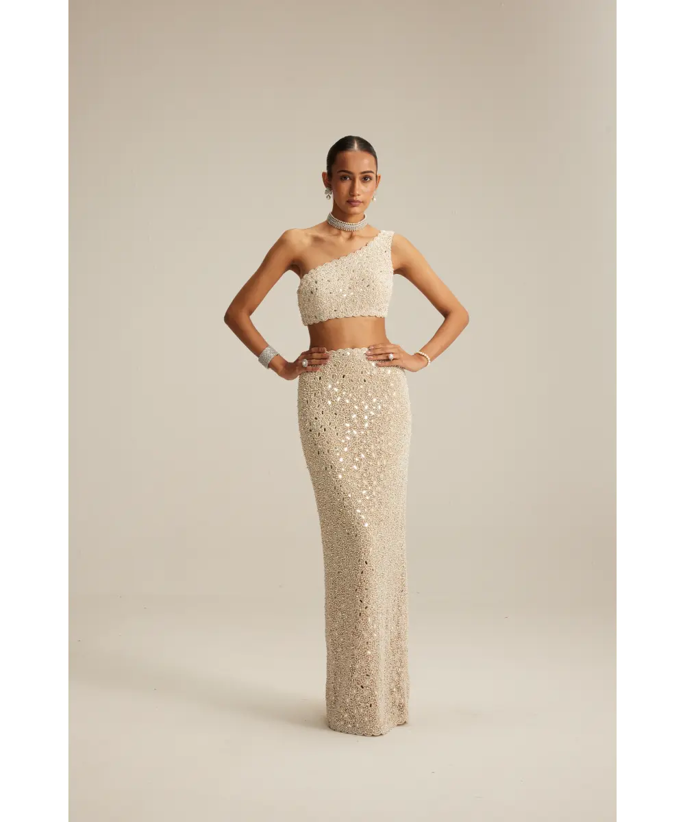 Light Beige One Shoulder Pencil Skirt Set