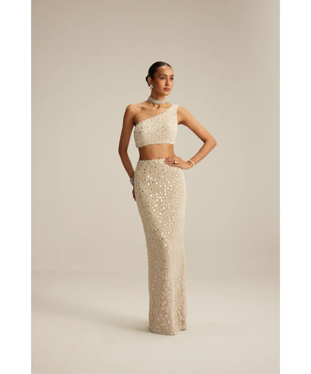 VVANI VATS- Light Beige One Shoulder Pencil Skirt Set.