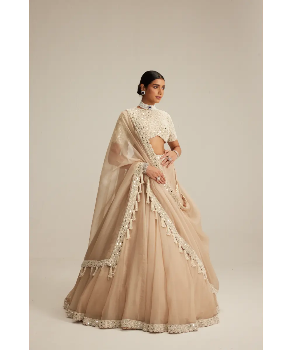 VVANI VATS- Light Beige Dense Pearl and mirror Lehenga Set with High Neck Blouse, Double Dupatta and Veil