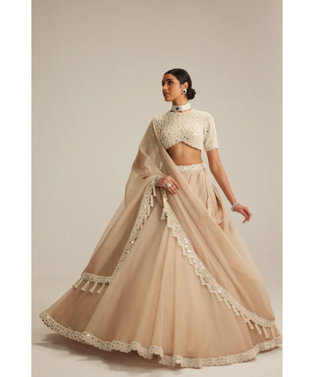 Light Beige dense mirror and pearl lehenga set with high neck blouse and Double Dupatta