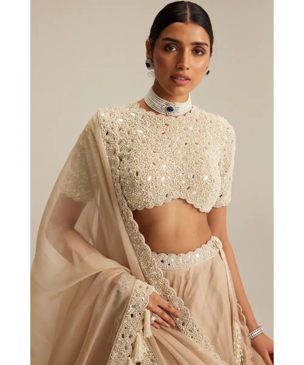 Light Beige dense mirror and pearl lehenga set with high neck blouse and Double Dupatta