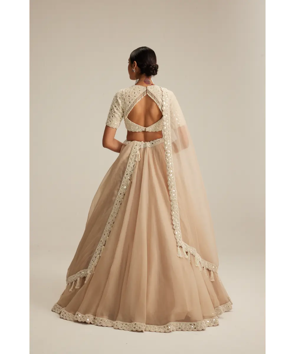 Light Beige Dense Pearl and mirror Lehenga Set with High Neck Blouse, Double Dupatta and Veil