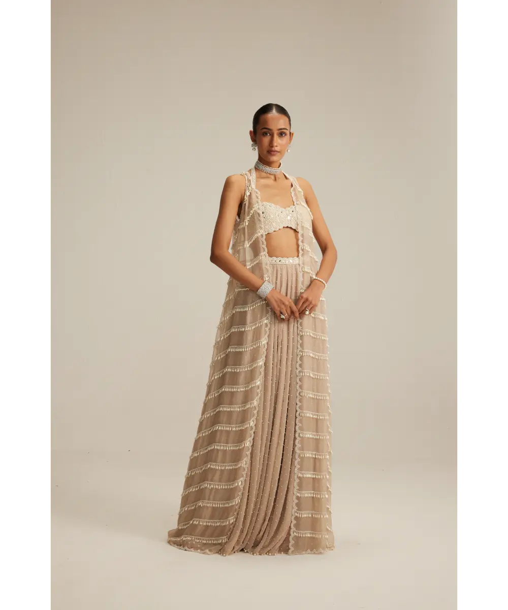 VVANI VATS- Light Beige Pearl Drop Jacket Set.