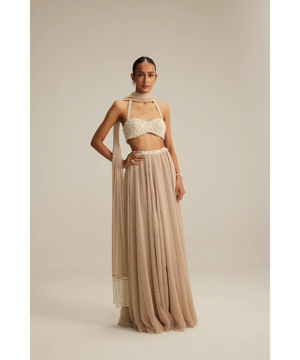 VVANI VATS- Light Beige Skirt Set With Halter Neck Blouse