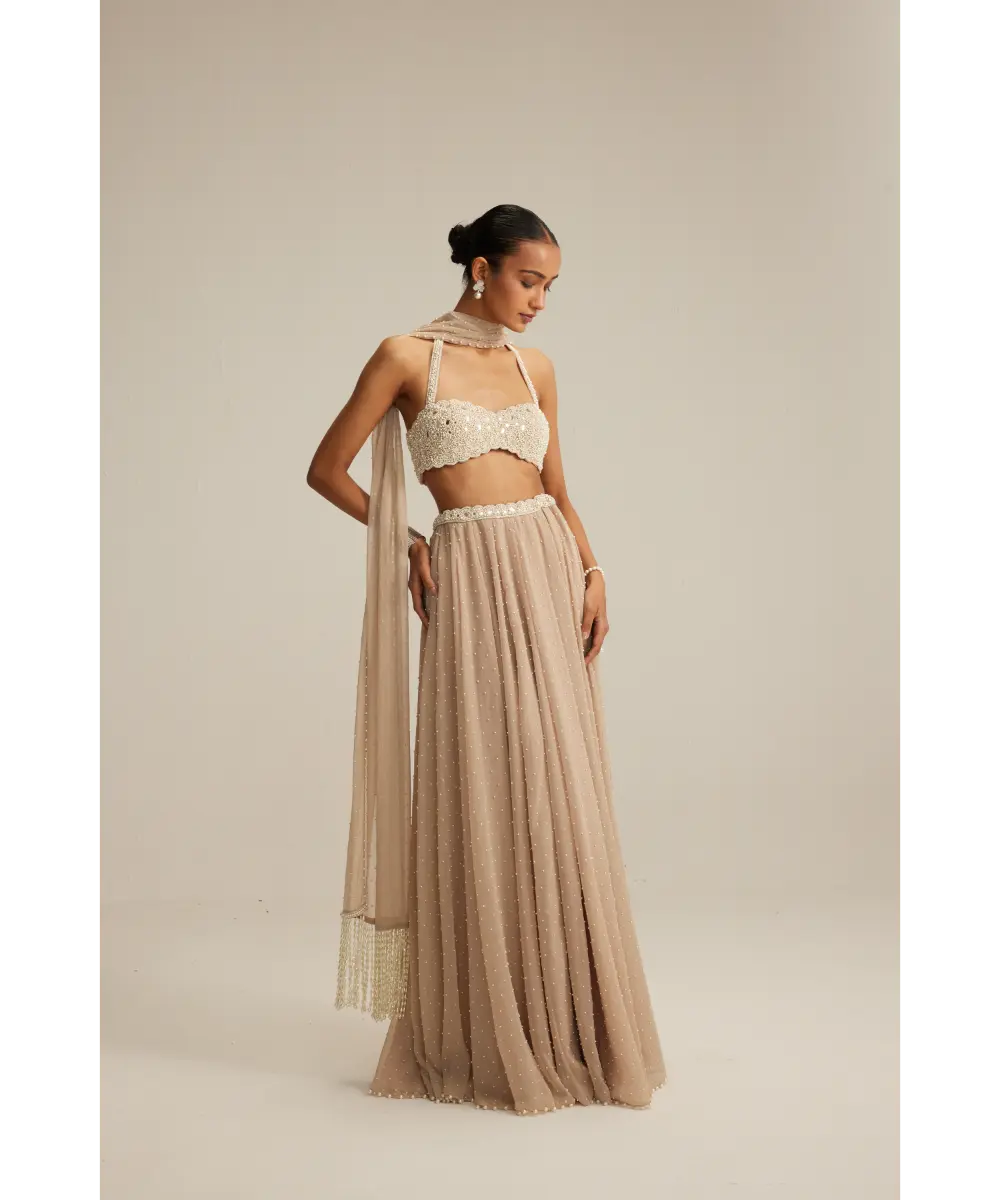 VVANI VATS- Light Beige Skirt Set With Halter Neck Blouse