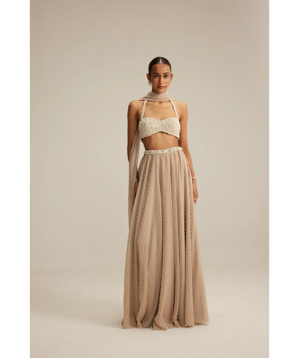 VVANI VATS- Light Beige Skirt Set With Halter Neck Blouse