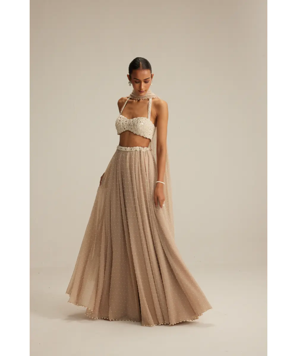 VVANI VATS- Light Beige Skirt Set With Halter Neck Blouse