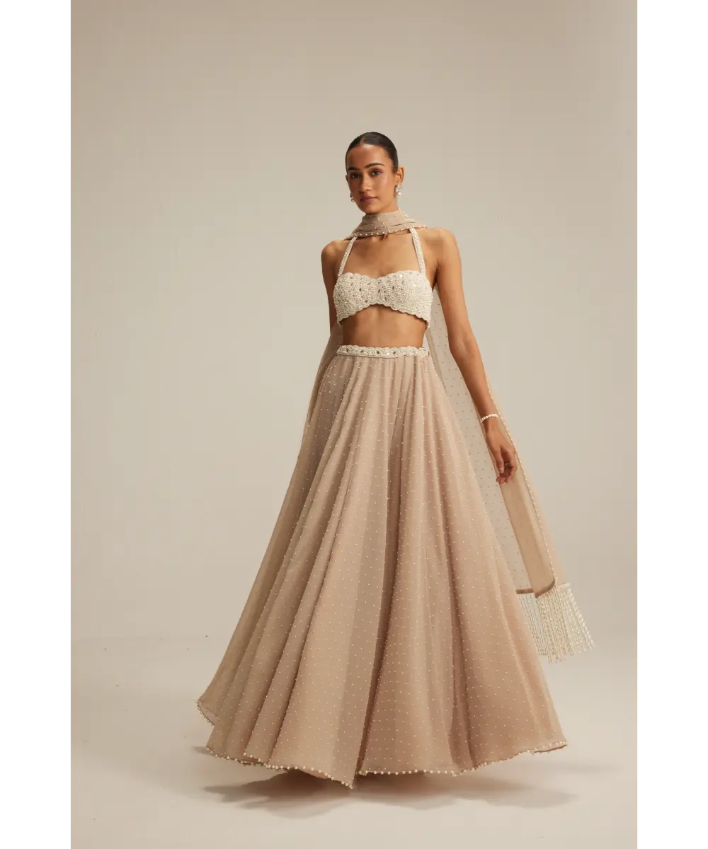 VVANI VATS- Light Beige Skirt Set With Halter Neck Blouse