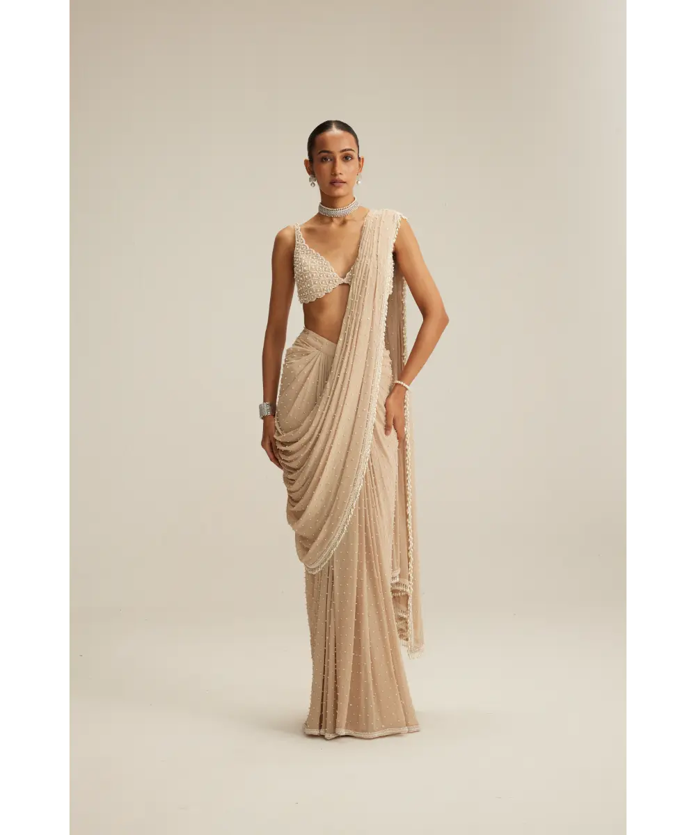 VVANI VATS- Light Beige Draped Saree Set