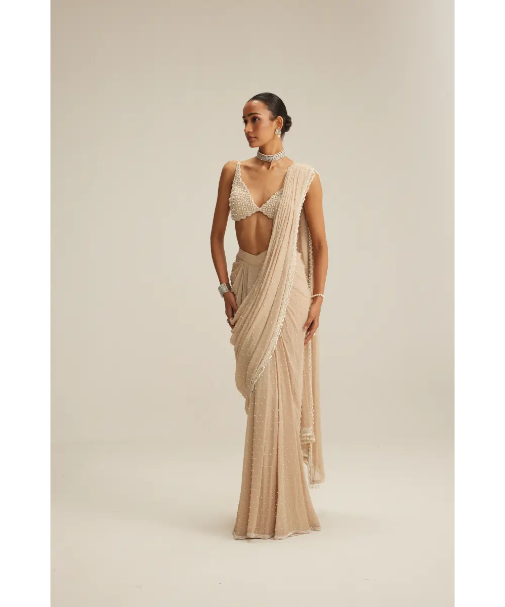 VVANI VATS- Light Beige Draped Saree Set