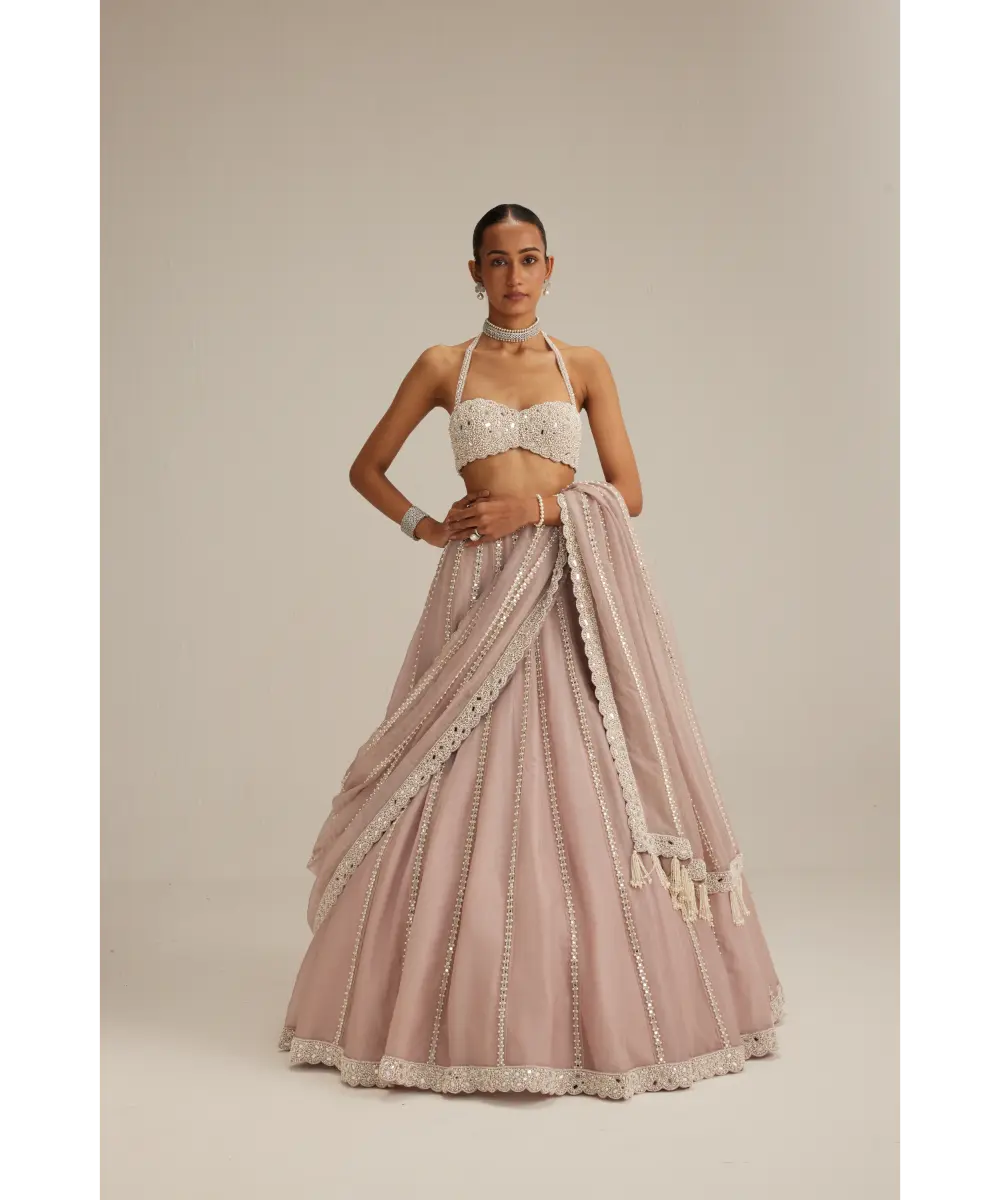 VVANI VATS- Ash Pink linear embroidered Organza Lehenga Set