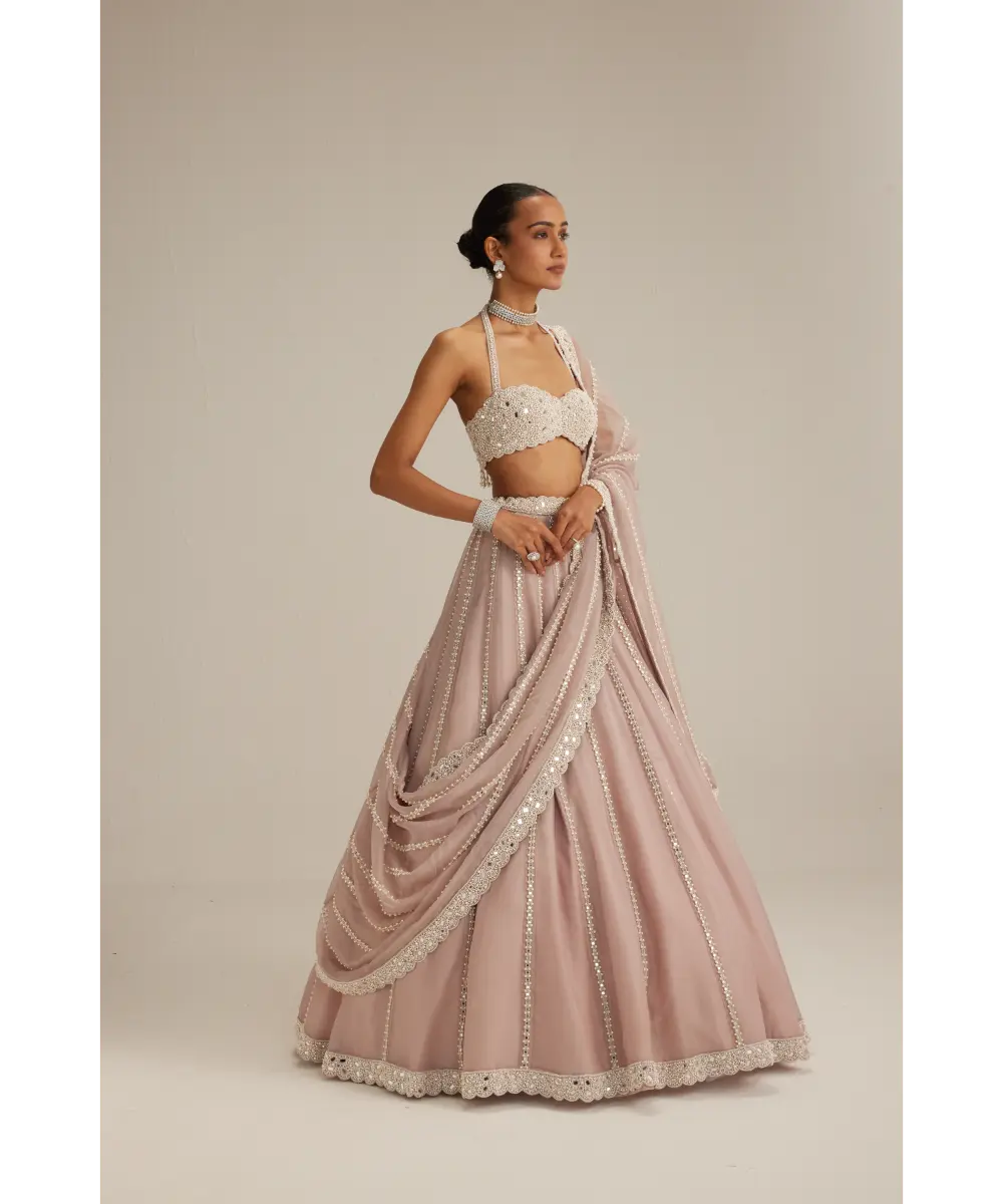 Ash Pink linear embroidered Organza Lehenga Set