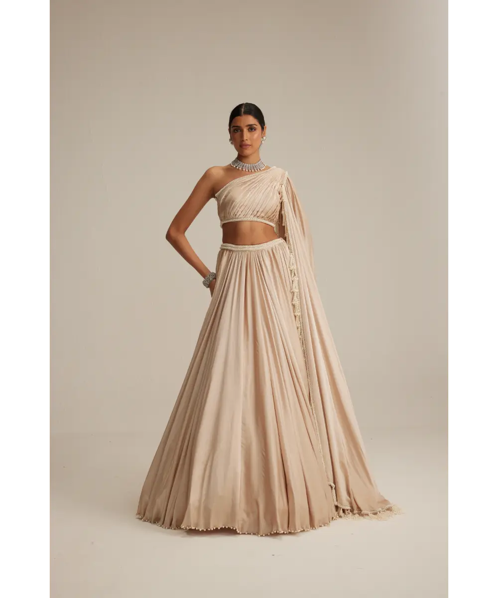 VVANI VATS- Light Beige Dense mirror and pearl one shoulder lehenga set