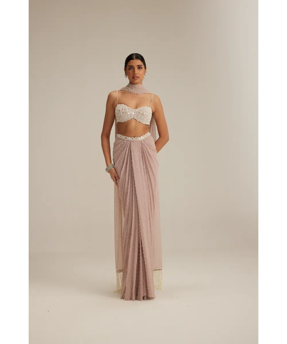 VVANI VATS- Ash pink Pearl Scattered draped skirt set