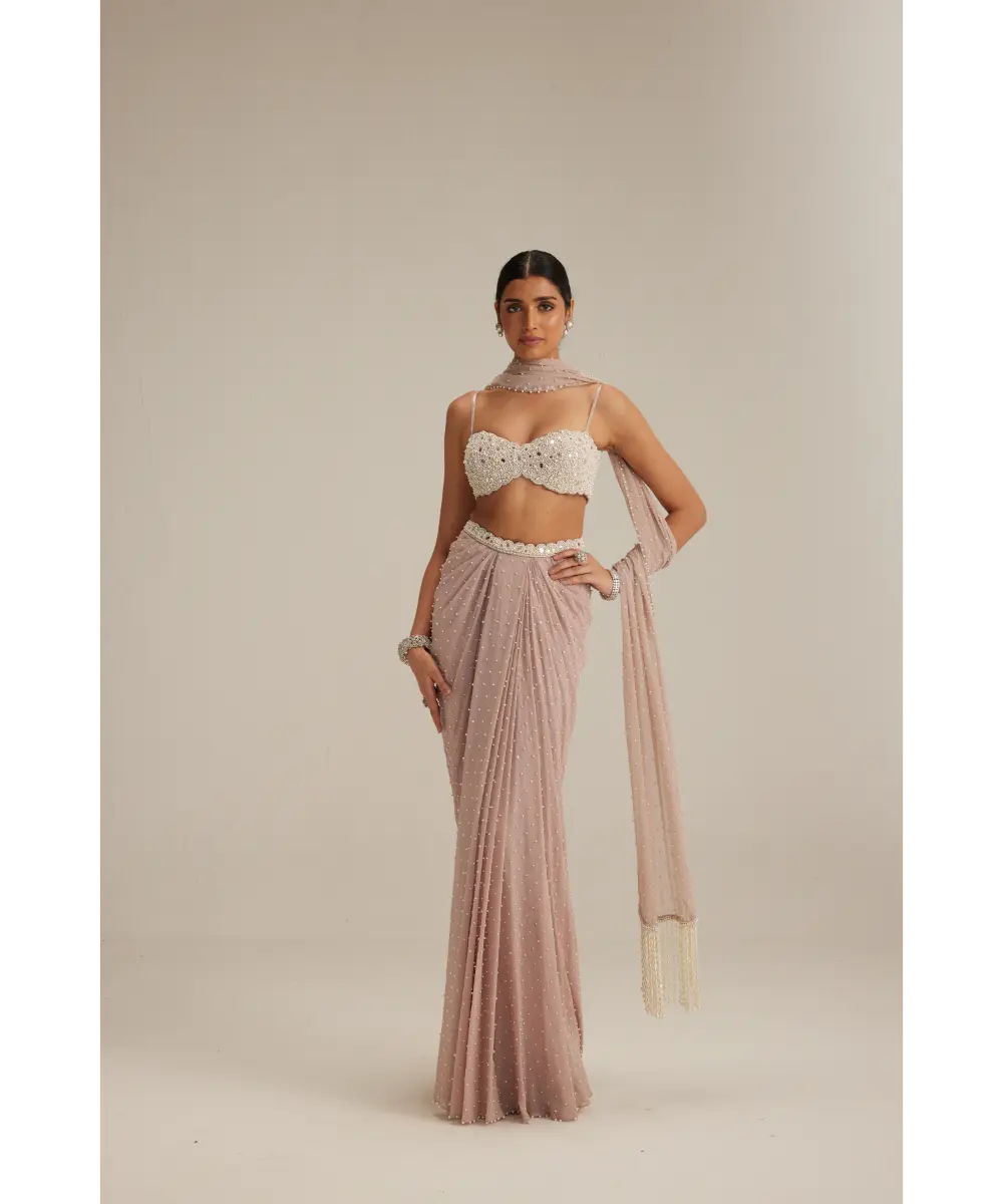 VVANI VATS- Ash pink Pearl Scattered draped skirt set