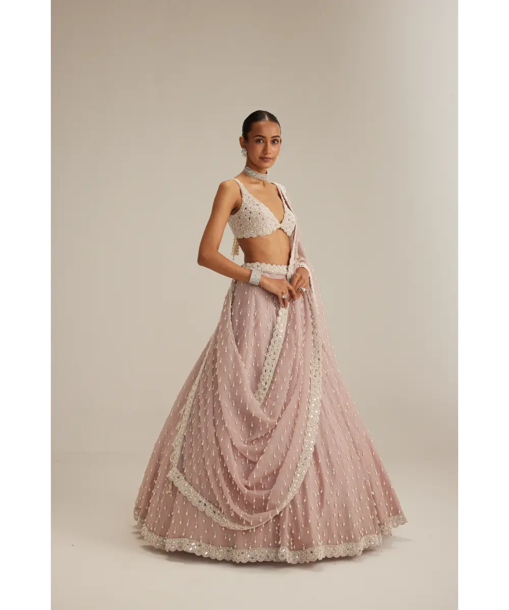 VVANI VATS- Ash Pink Pearl Drop Organza Lehenga Set