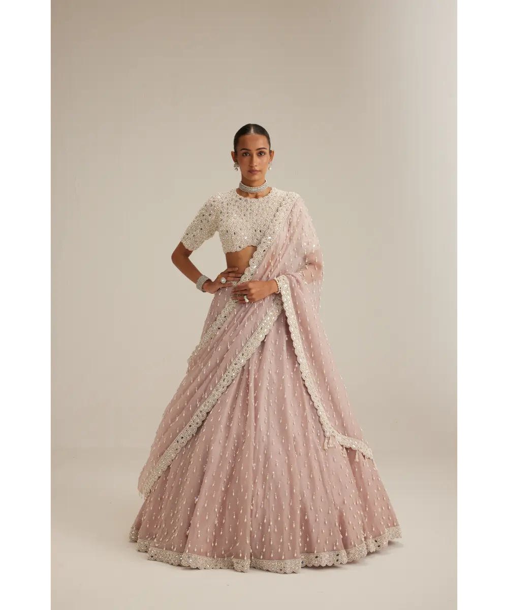VVANI VATS- Ash Pink Pearl Drop Lehenga with high neck blouse