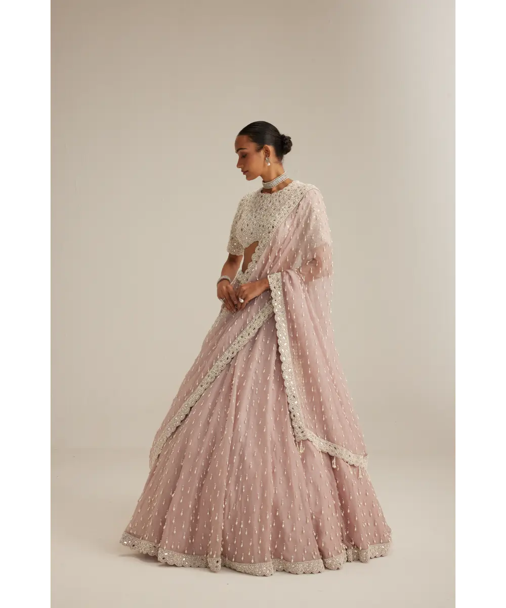 VVANI VATS- Ash Pink Pearl Drop Lehenga with high neck blouse
