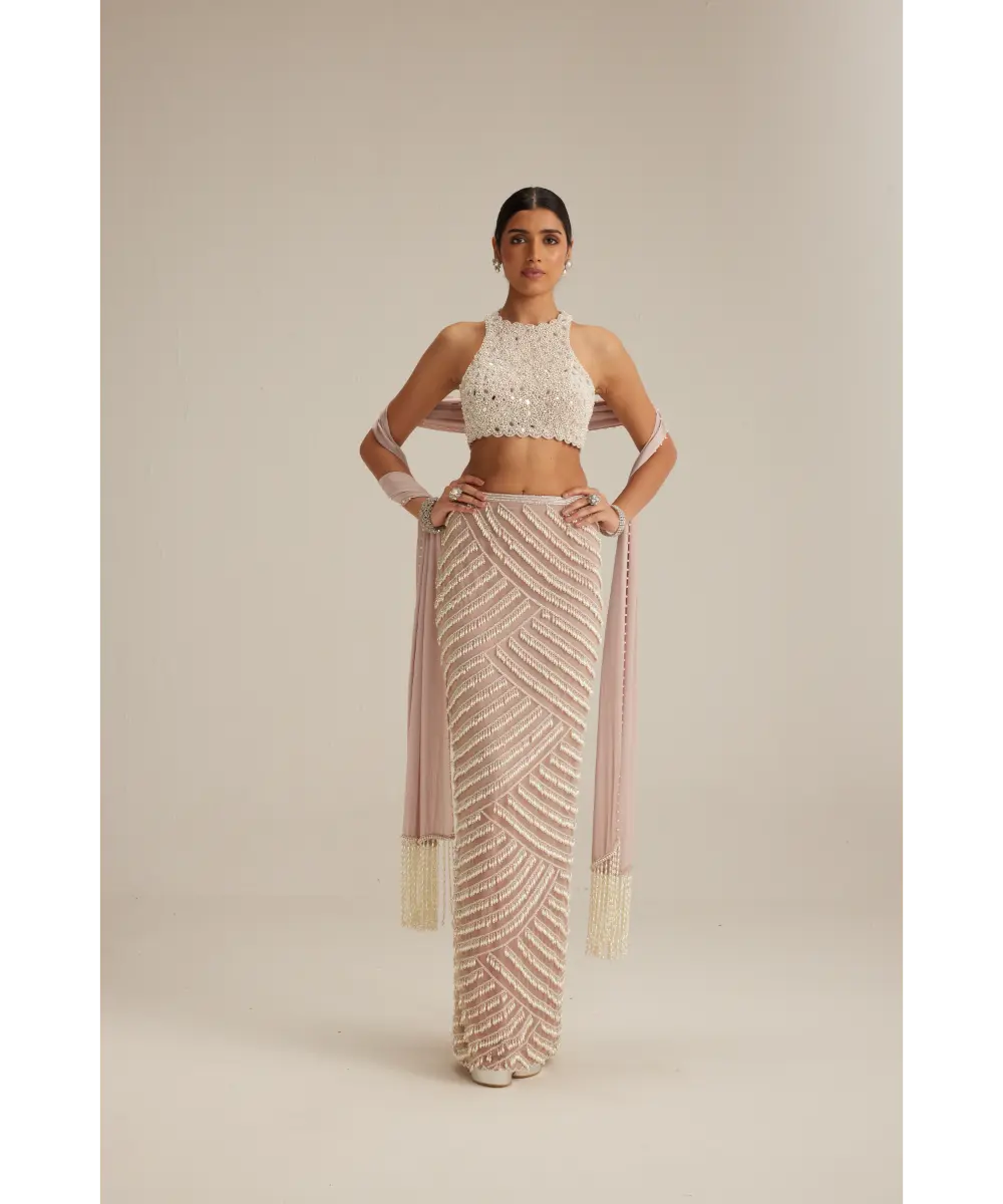 VVANI VATS- Ash Pink Pearl Drop Pencil Skirt Set