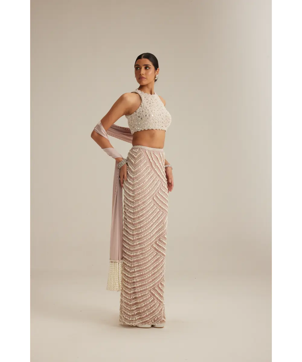 VVANI VATS- Ash Pink Pearl Drop Pencil Skirt Set