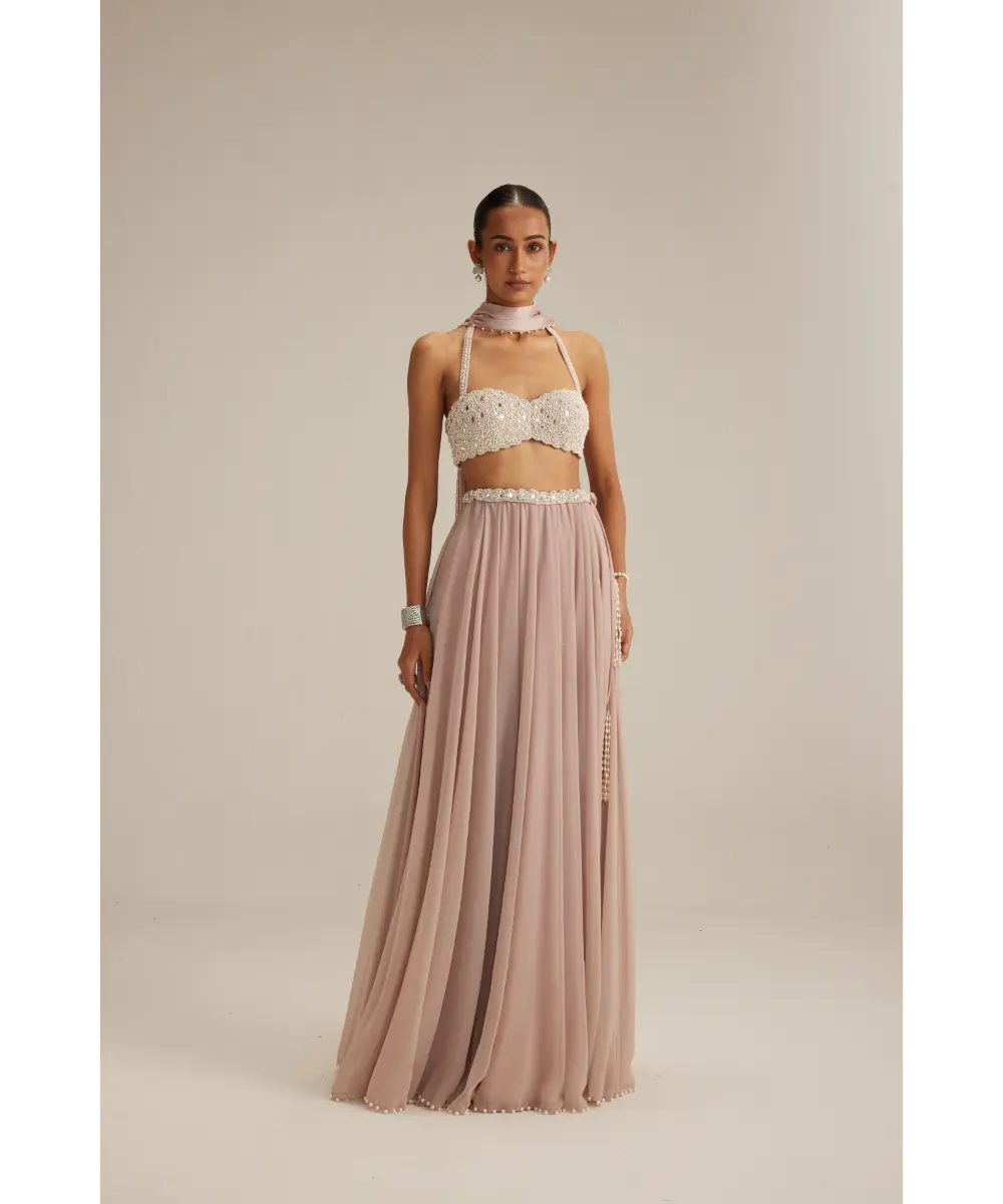 VVANI VATS- Ash Pink Georgette Skirt with Halter neck Blouse and stole