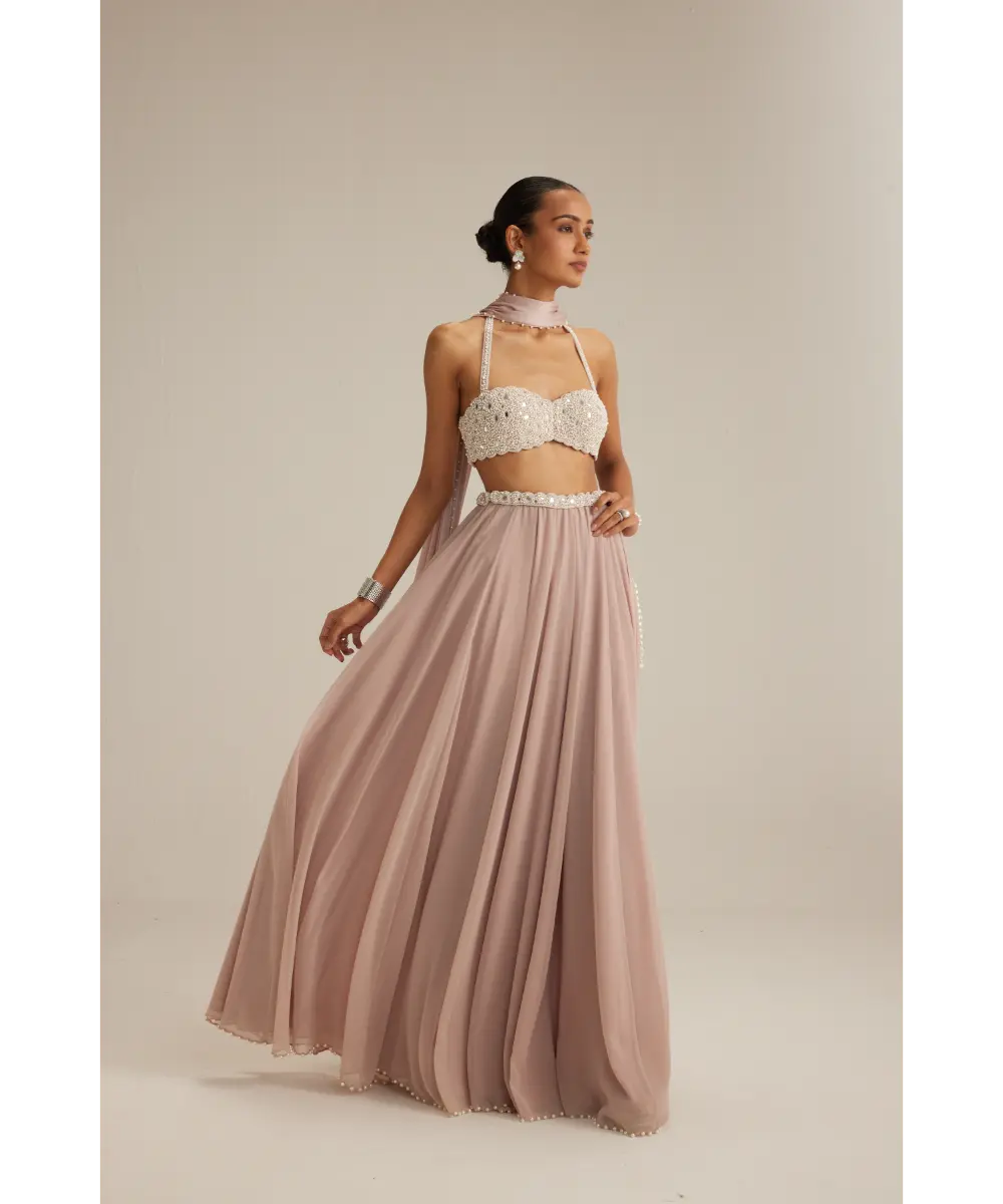 VVANI VATS- Ash Pink Georgette Skirt with Halter neck Blouse and stole