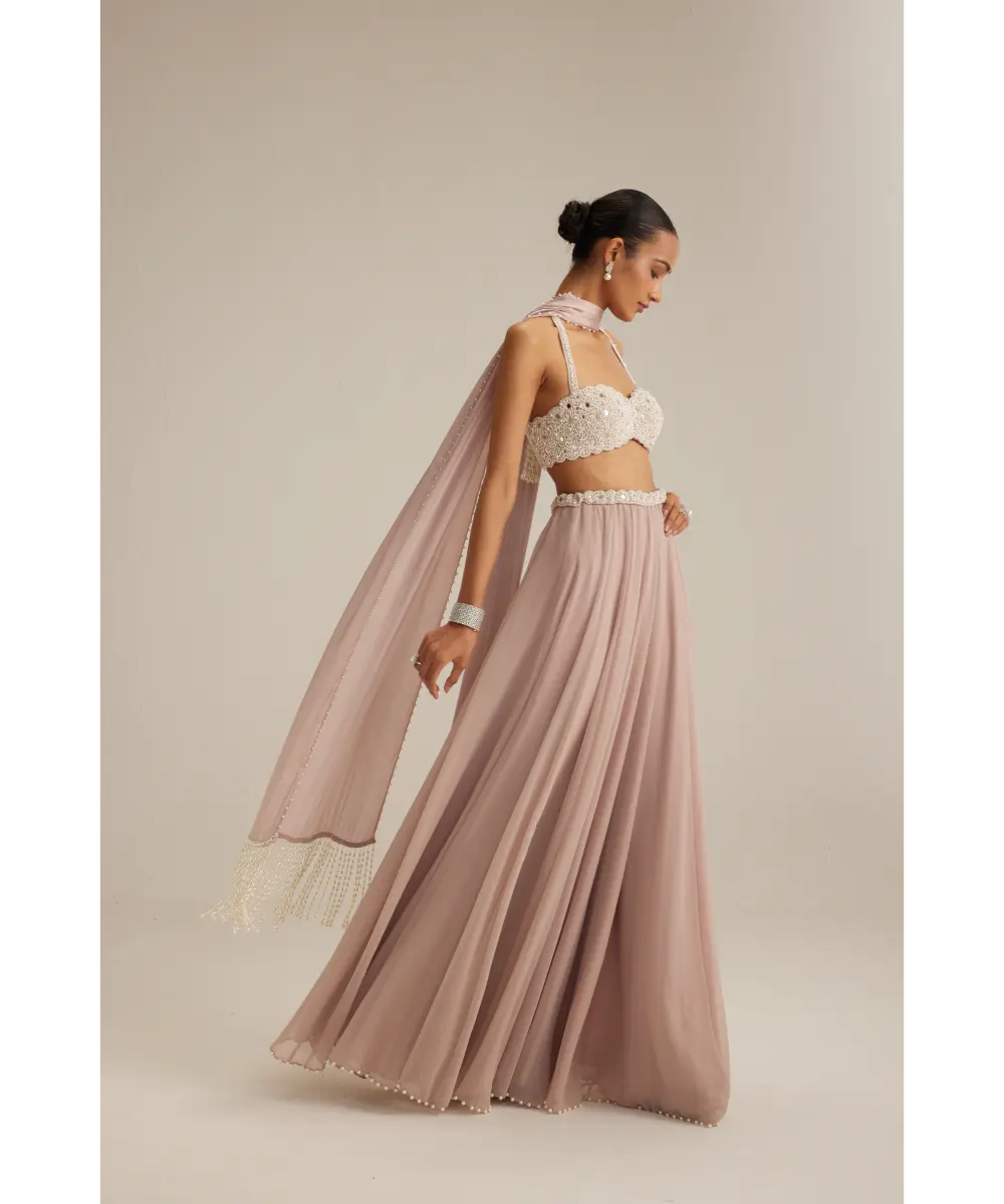 Ash Pink Georgette Skirt with Halter neck Blouse and stole