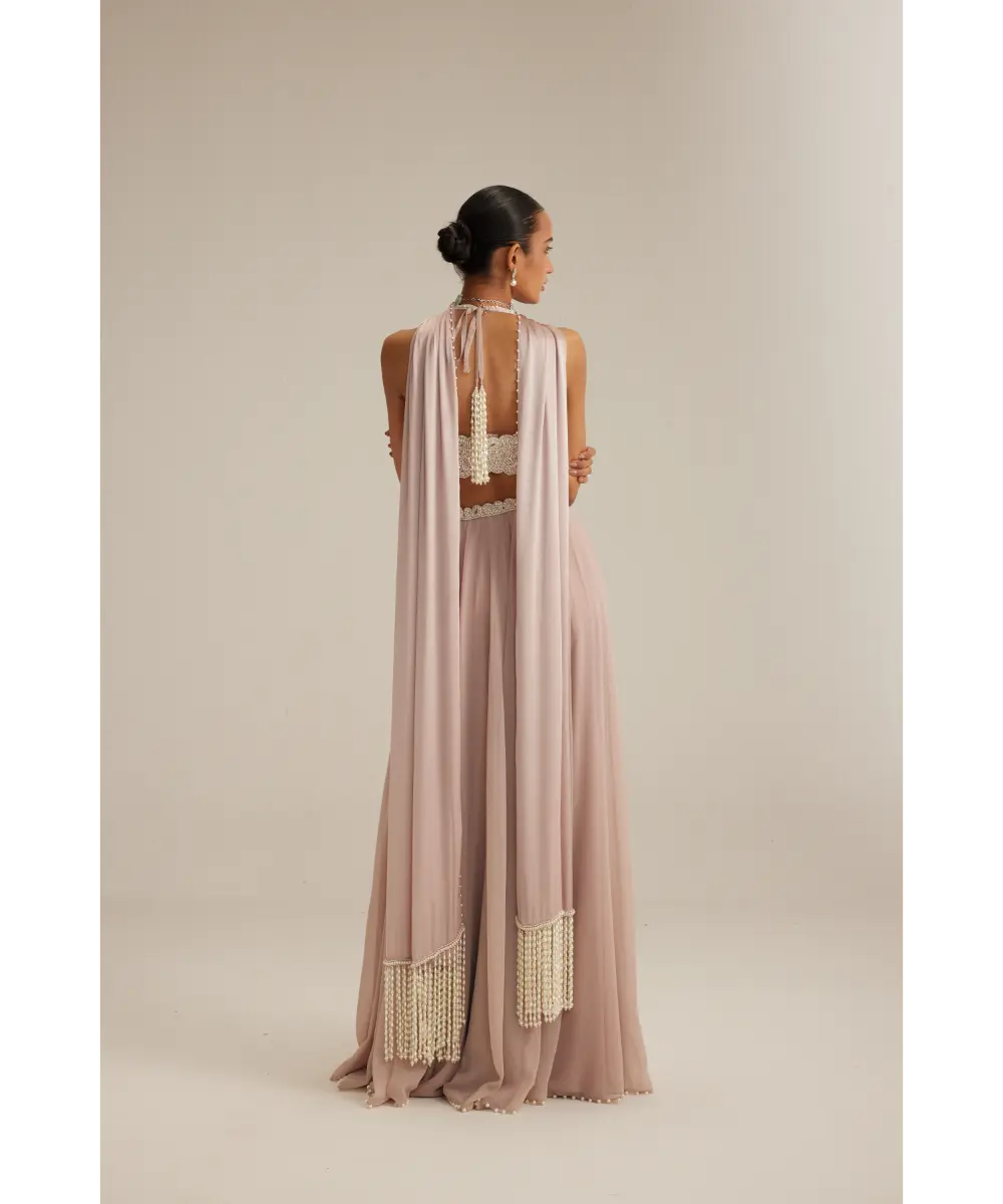 Ash Pink Georgette Skirt with Halter neck Blouse and stole