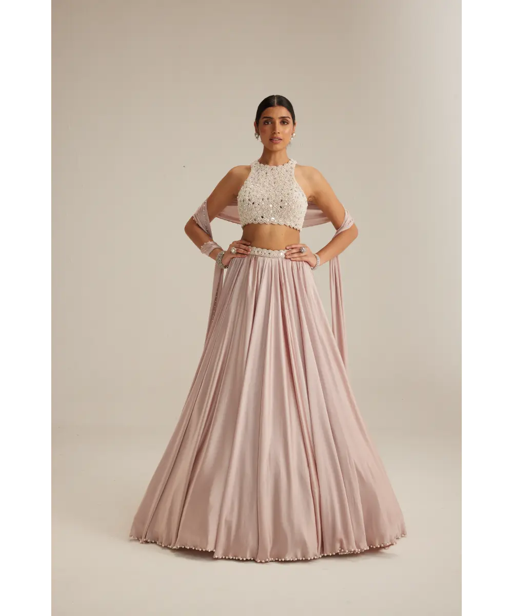 VVANI VATS- Ash Pink Satin skirt Set