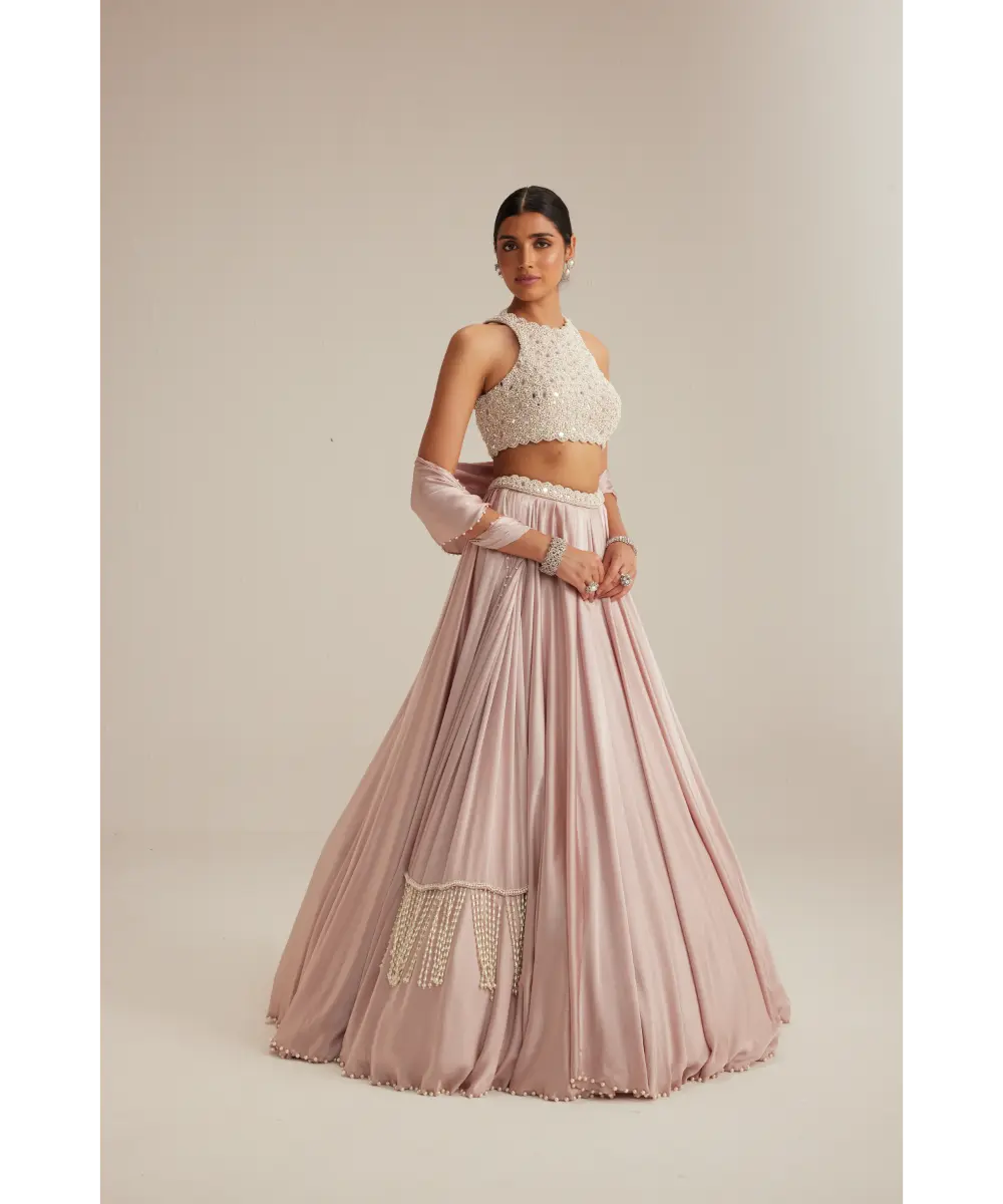 VVANI VATS- Ash Pink Satin skirt Set