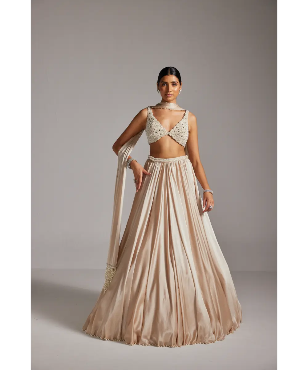 VVANI VATS- Light Beige V Neck Satin skirt Set