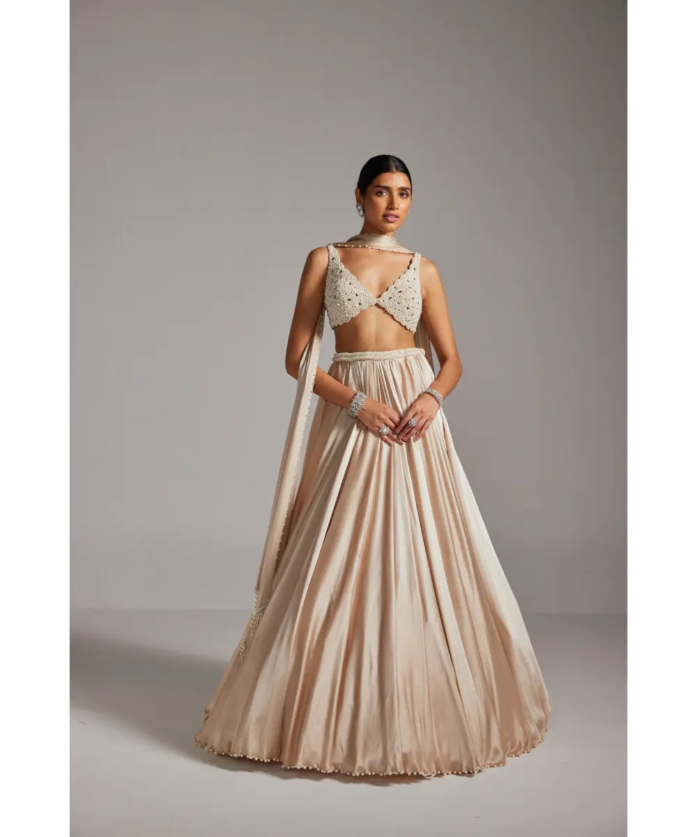 VVANI VATS- Light Beige V Neck Satin skirt Set