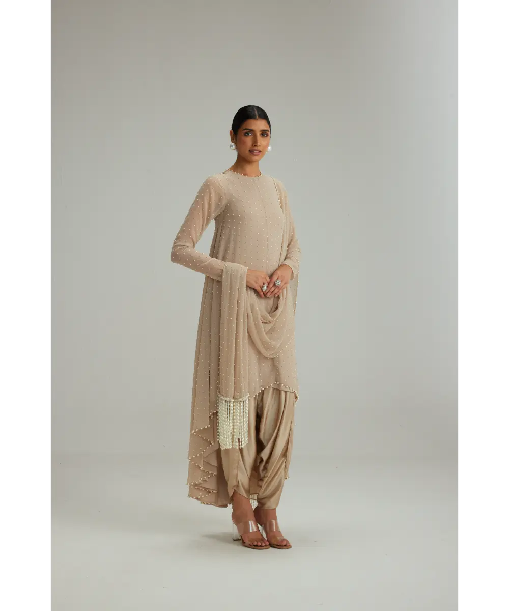 VVANI VATS- Light Beige pearl Kurta With Stole Set