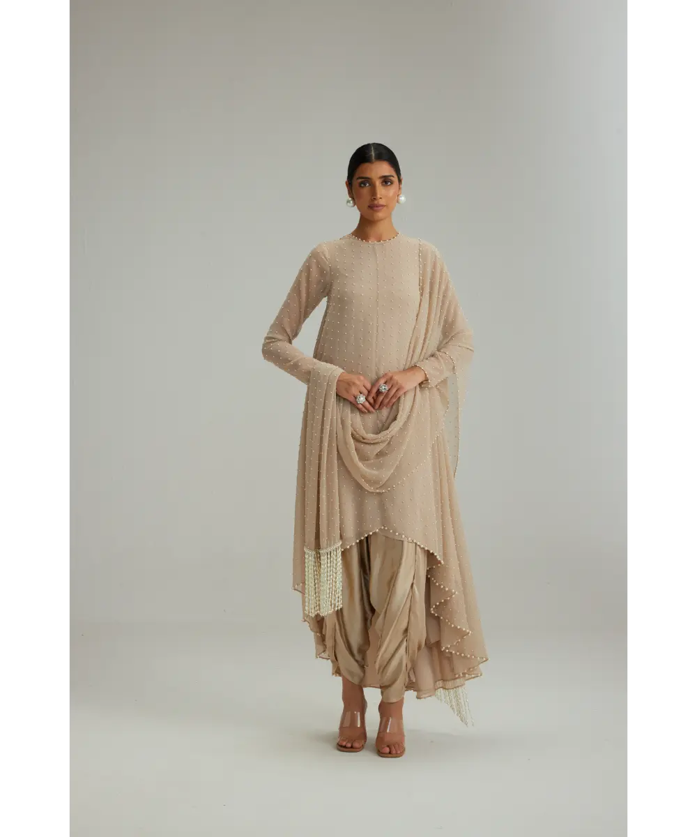 VVANI VATS- Light Beige pearl Kurta With Stole Set