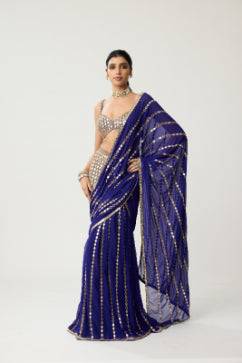 VVANI VATS - Persian Blue Fitted Linear Mirror Saree Set