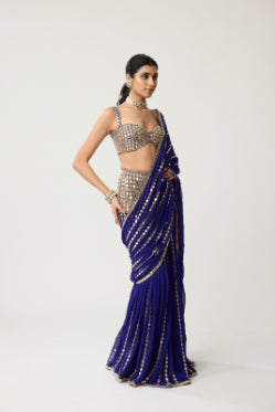 VVANI VATS - Persian Blue Fitted Linear Mirror Saree Set