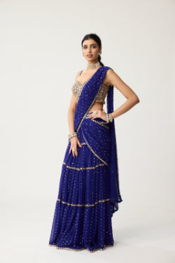 VVANI VATS - Persian Blue Multi-tier Mirror Saree Set