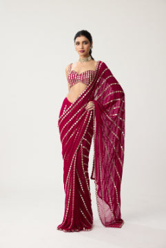 VVANI VATS - Ruby red Linear Mirror Saree Set