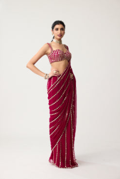 VVANI VATS - Ruby red Linear Mirror Saree Set