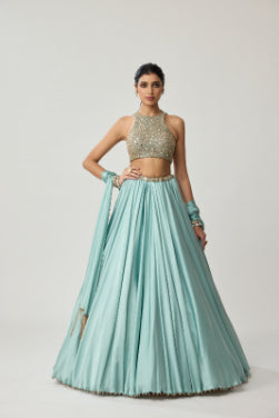 VVANI VATS - Powder Blue Mirror Satin skirt Set