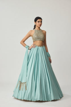 VVANI VATS - Powder Blue Mirror Satin skirt Set