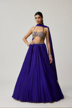 VVANI VATS - Persian Blue Mirror Satin skirt Set