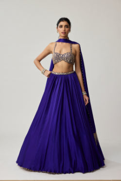VVANI VATS - Persian Blue Mirror Satin skirt Set