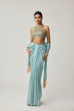 VVANI VATS - Powder Blue Mirror Satin draped skirt Set