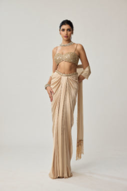 VVANI VATS - Light beige Mirror Satin draped skirt Set