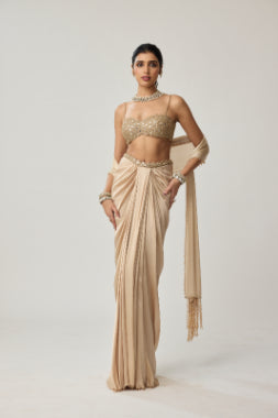 VVANI VATS - Light beige Mirror Satin draped skirt Set
